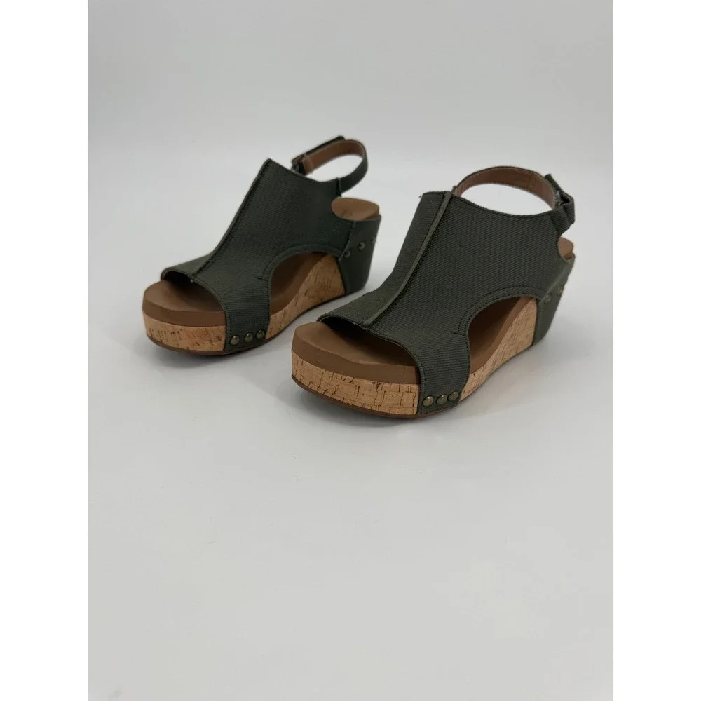 Corkys Carley Olive Green Canvas Cork Wedge Studded Slingback Sandals Womens 7